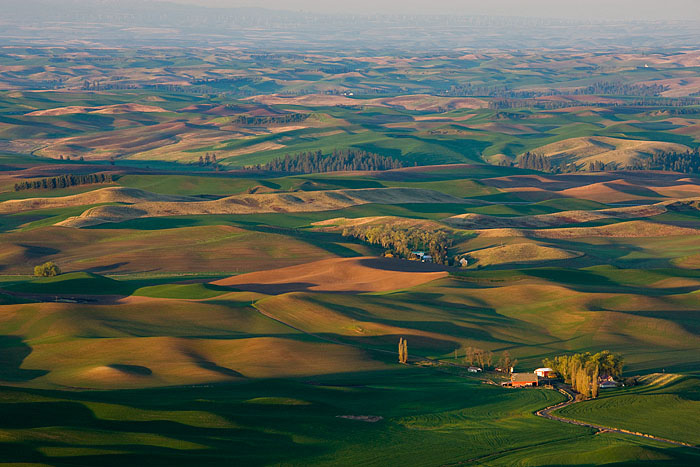 The rich farmland of the Palouse in eastern Washington, with rolling hills, multi-colored fields, and scattered farmhouses is...
