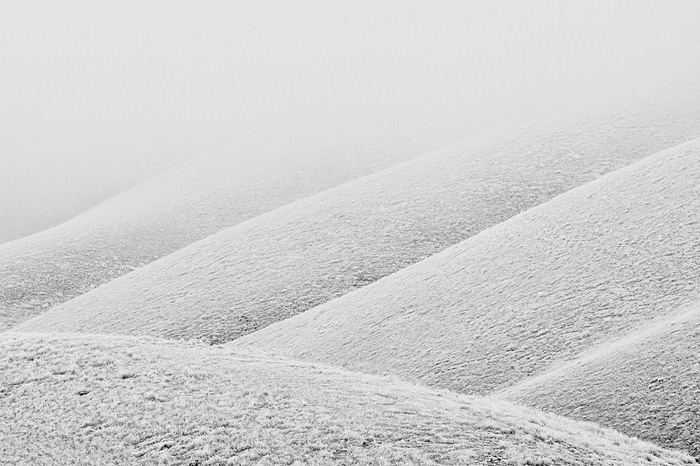 Fog and frost help create an abstract pattern among the intersecting hills of eastern Washington.