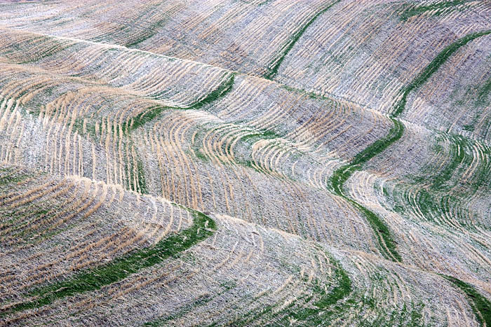 A telephoto lens has compressed the rolling hills of harvested fields, creating an abstract impression of the green and brown...
